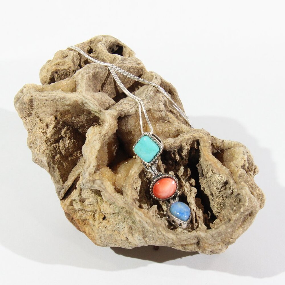 VTG Sterling Silver Turquoise, Lapis & Coral Pendant & Sterling Silver Necklace - Picture 6 of 9